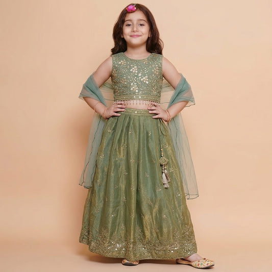 Front view of girls sleeveless sage green lehenga choli with gold embroidery and sheer dupatta