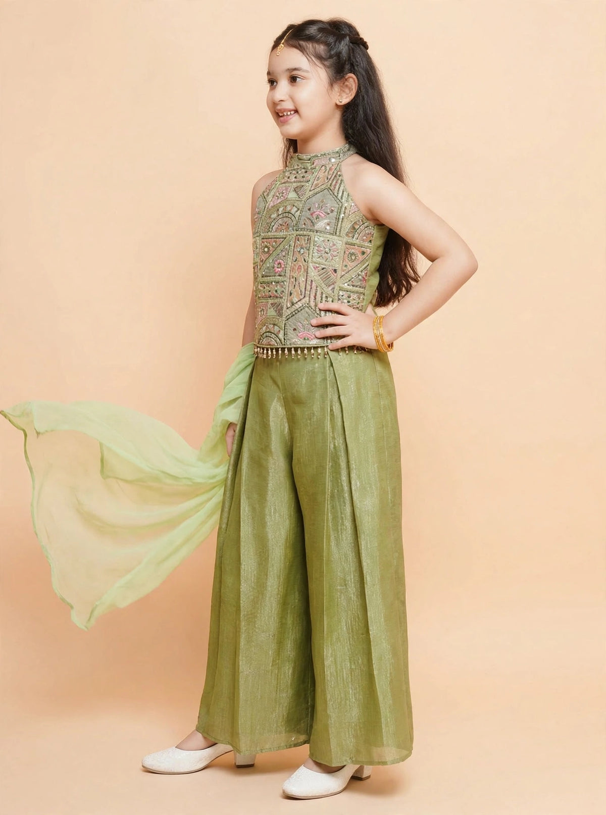 Green embroidered halter top and shimmer palazzo pants with dupatta