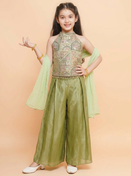 Girls green embroidered halter top with olive palazzo pants and mint dupatta