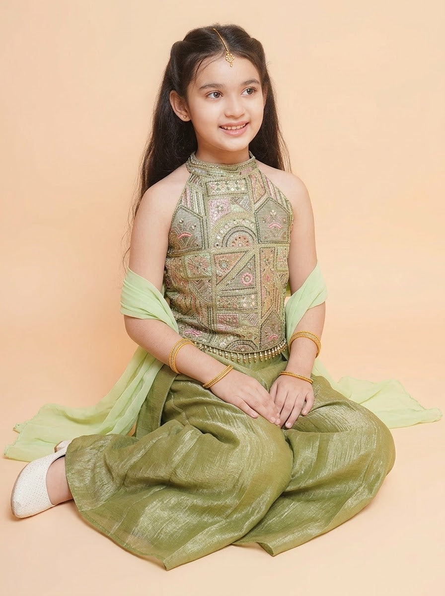 Girls green palazzo set with embroidered halter top
