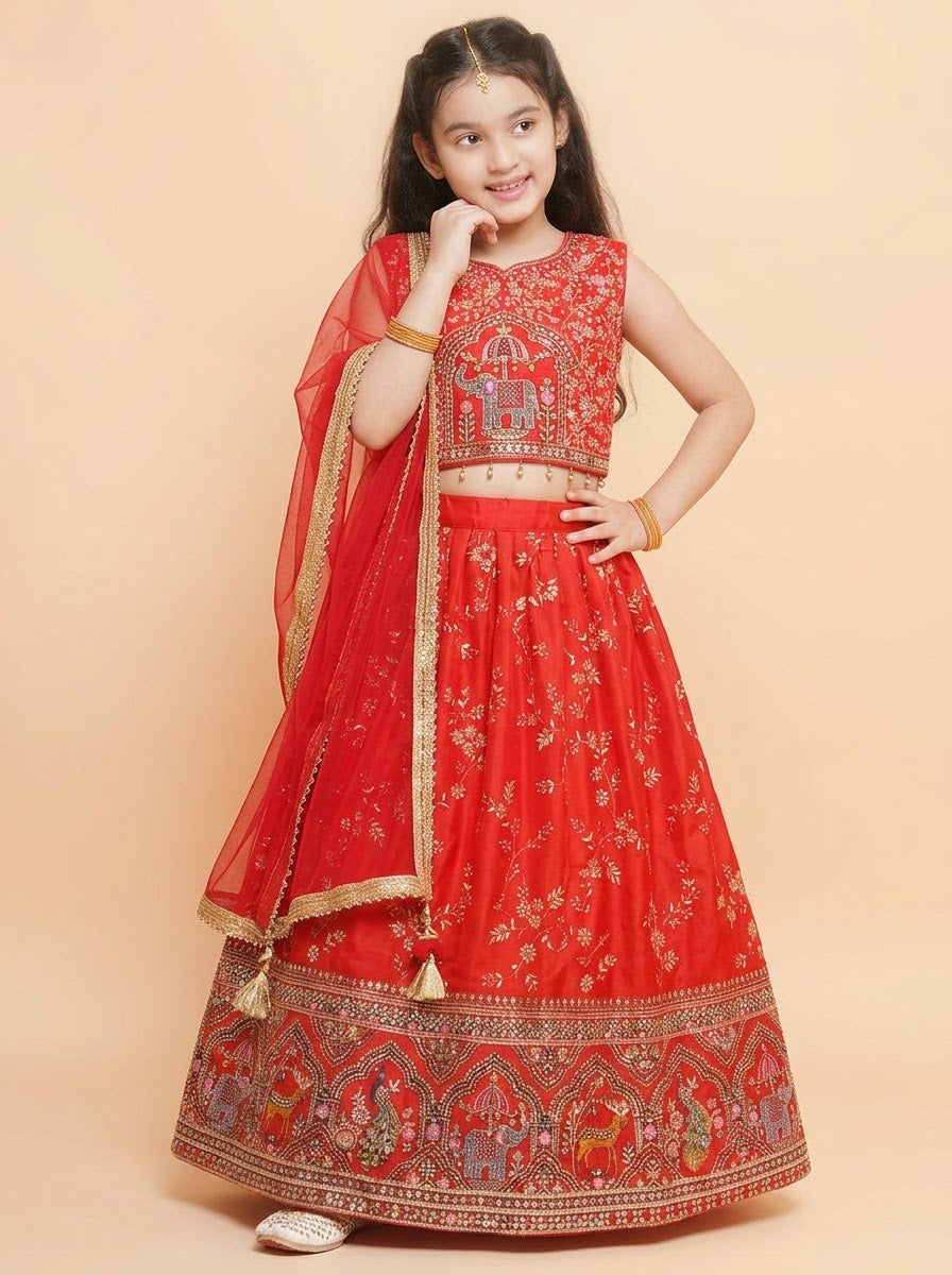 Back view of girls red lehenga choli with sheer red dupatta