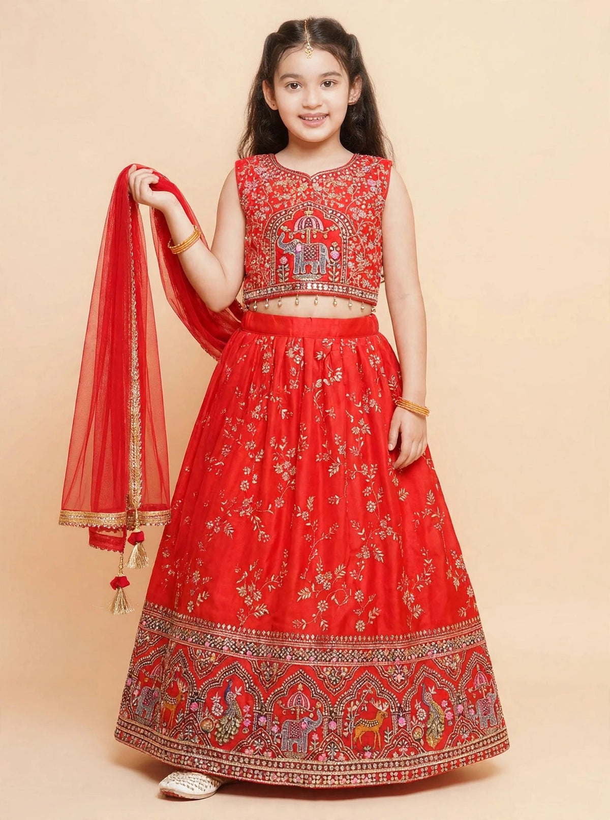 Front view of girls red embroidered lehenga choli with gold-trimmed dupatta