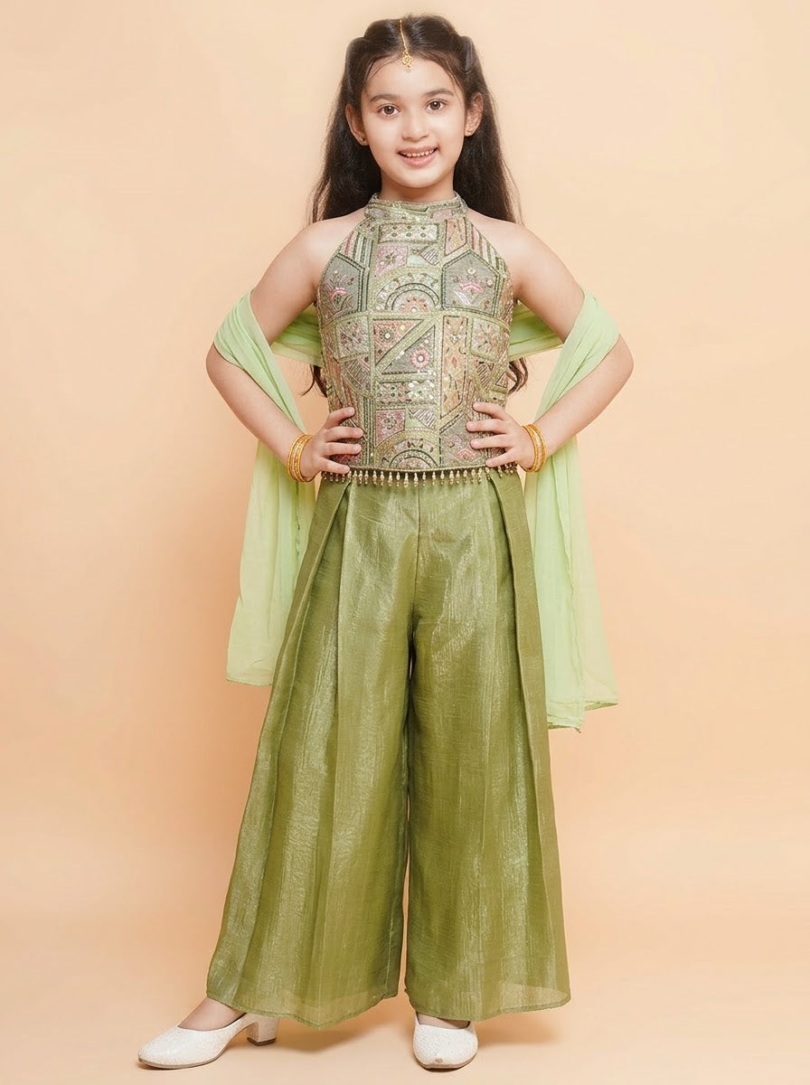 Girls olive-green festive palazzo outfit with mint dupatta