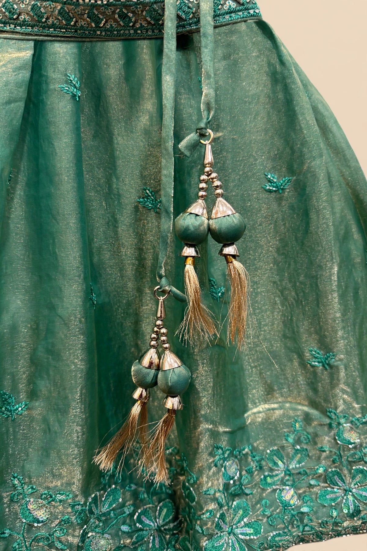 Detail of green leaf-sprig embroidery, floral skirt border and two-cluster tassel latkan