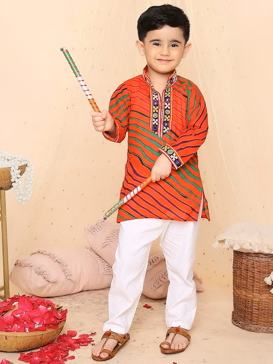 Kids Orange Lehariya festive Kurta Dress | Traditional Indian Ethnic Wear