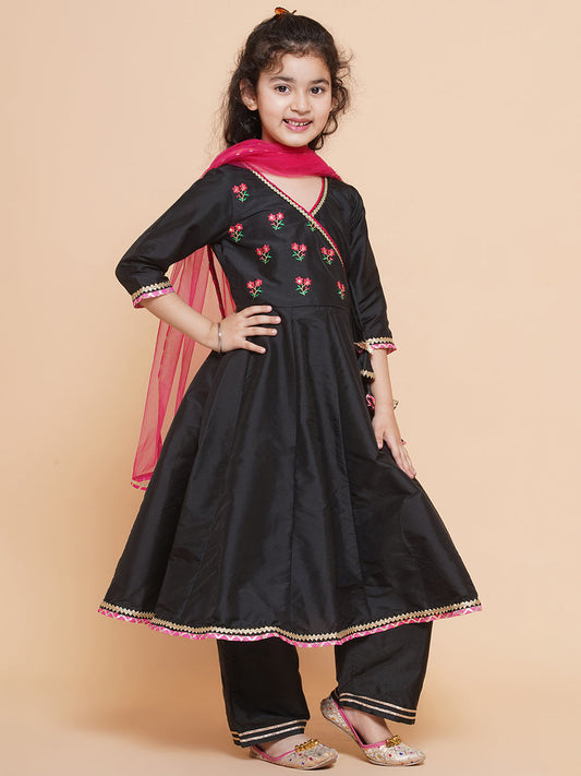 Girls Embroidered Anarkali Kurta with Trousers & Dupatta