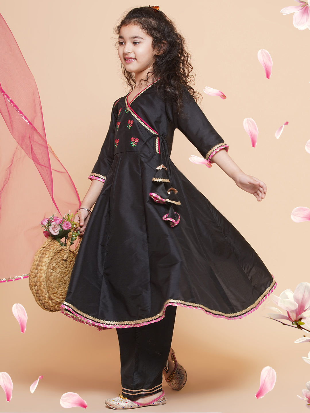 Girls Embroidered Anarkali Kurta with Trousers & Dupatta