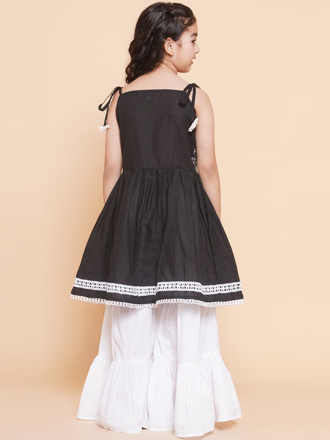 Girls Black Ethnic Motifs Embroidered Kurta Dress With White Sharara