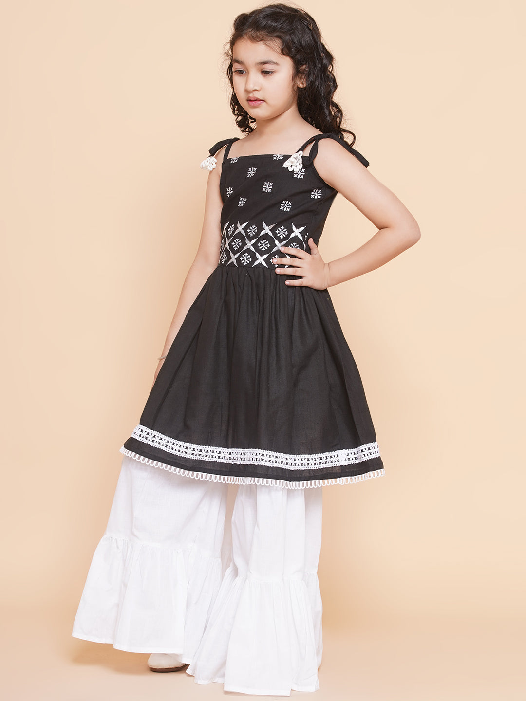 Girls Black Ethnic Motifs Embroidered Kurta Dress With White Sharara