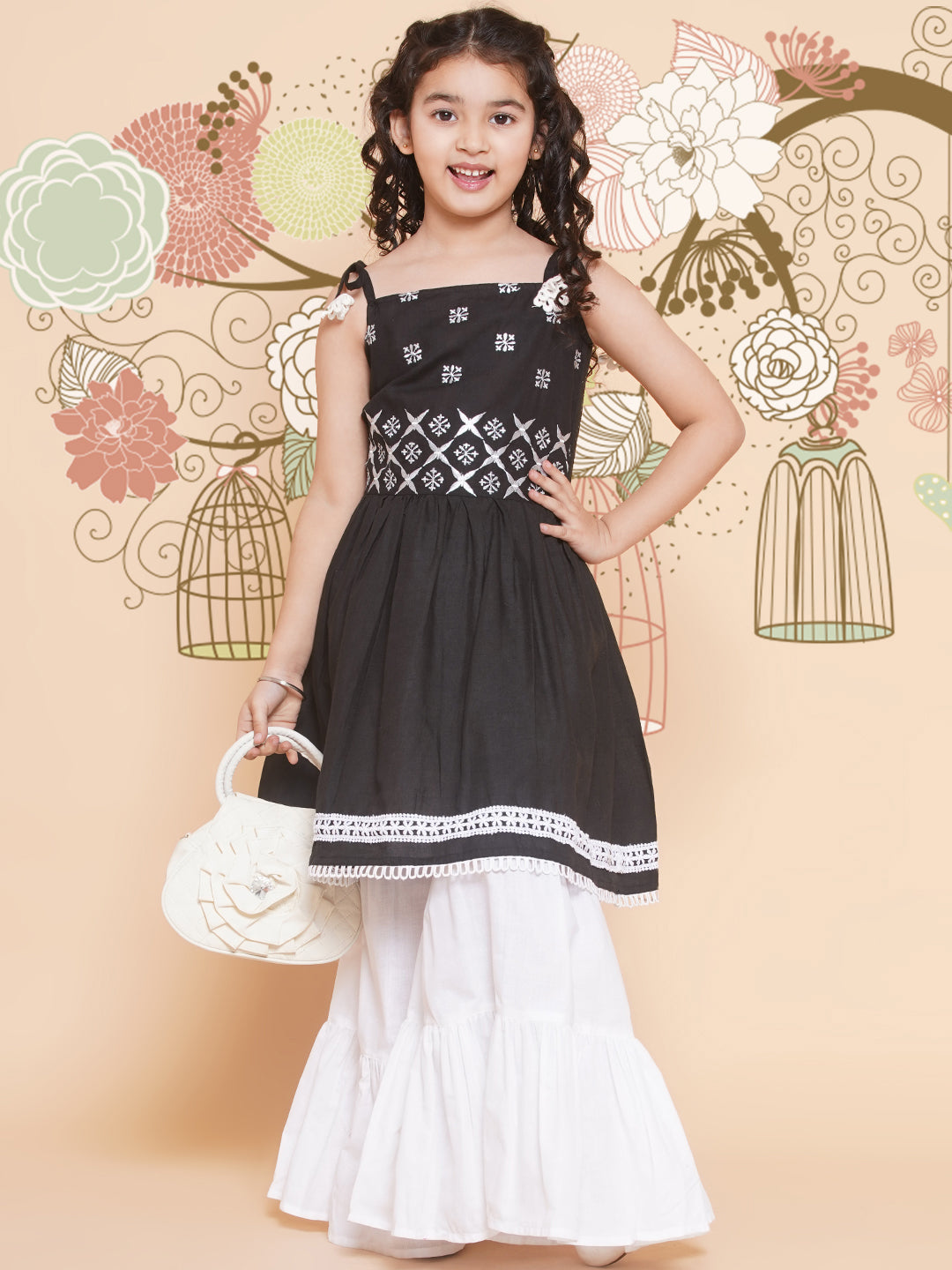 Girls Black Ethnic Motifs Embroidered Kurta Dress With White Sharara