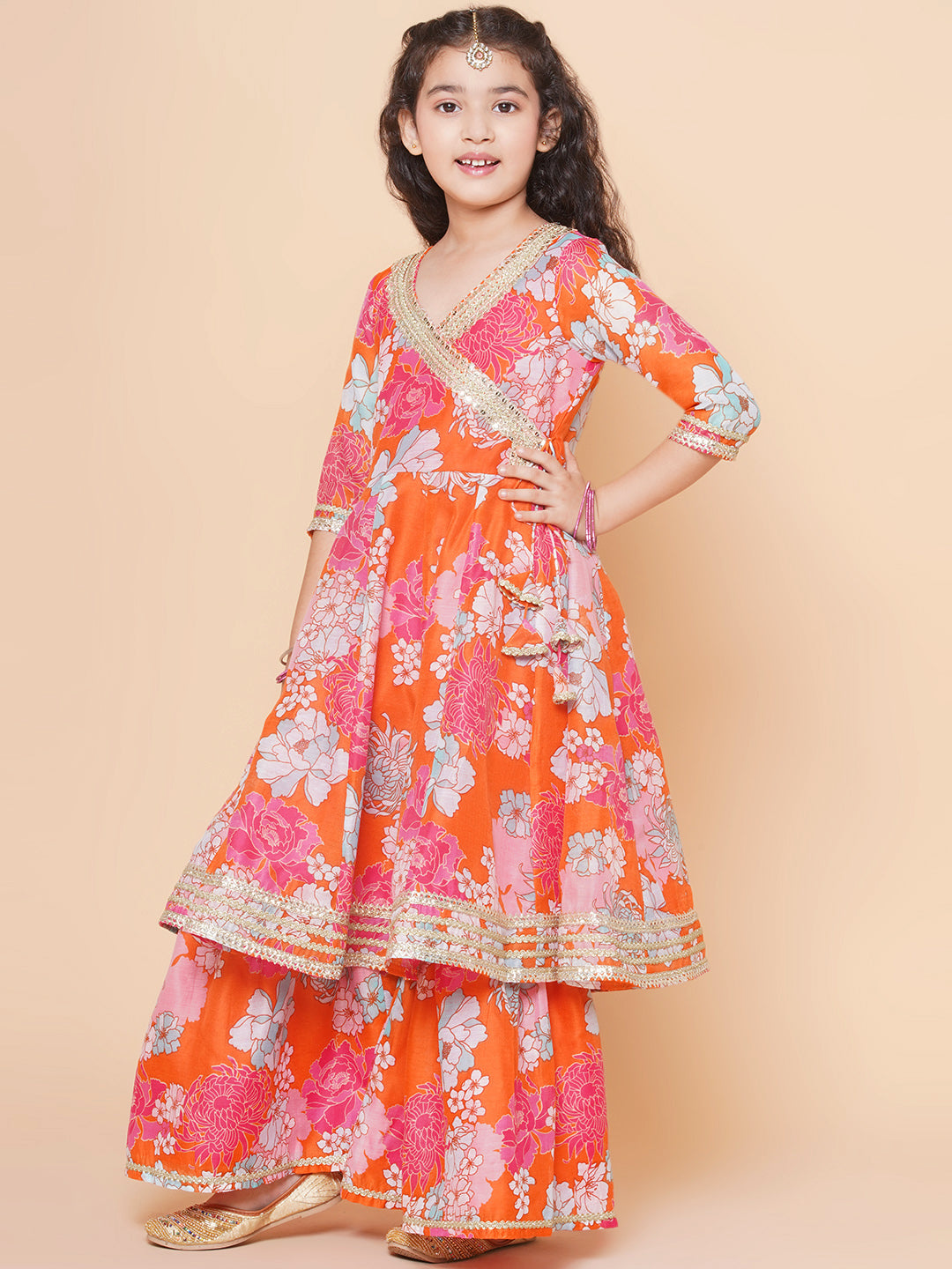 Girls Orange Multi Floral Printed Angrakha Gotta Patti Kurta & Sharara With Dupatta