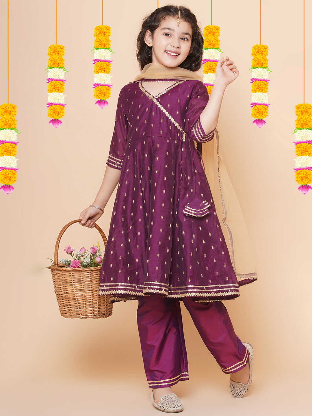 Girl Purple Anarkali Gotta Patti Kurta & Trousers set With Dupatta
