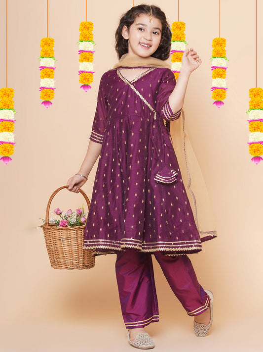 Girl Purple Anarkali Gotta Patti Kurta & Trousers set With Dupatta