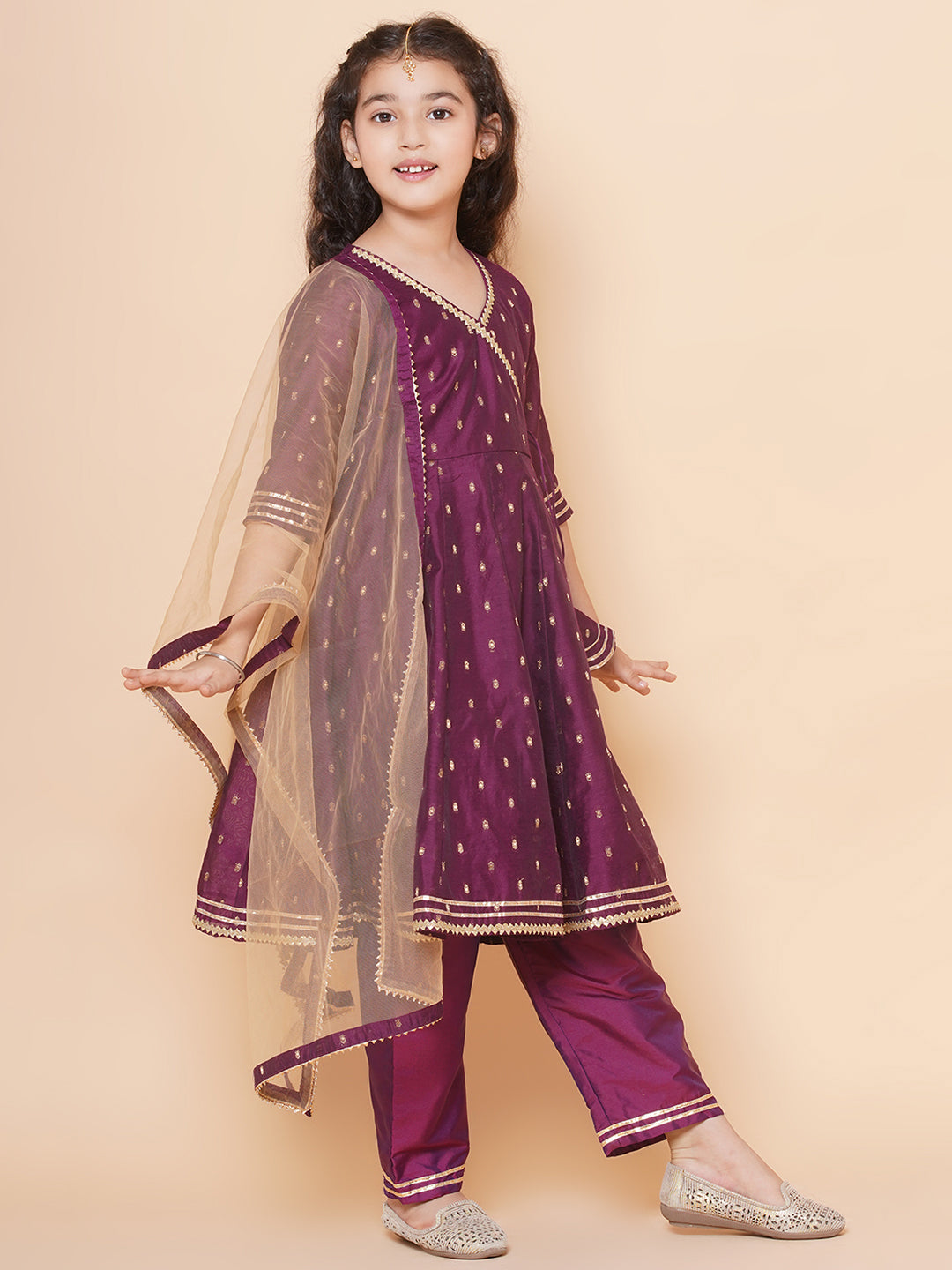 Girl Purple Anarkali Gotta Patti Kurta & Trousers set With Dupatta