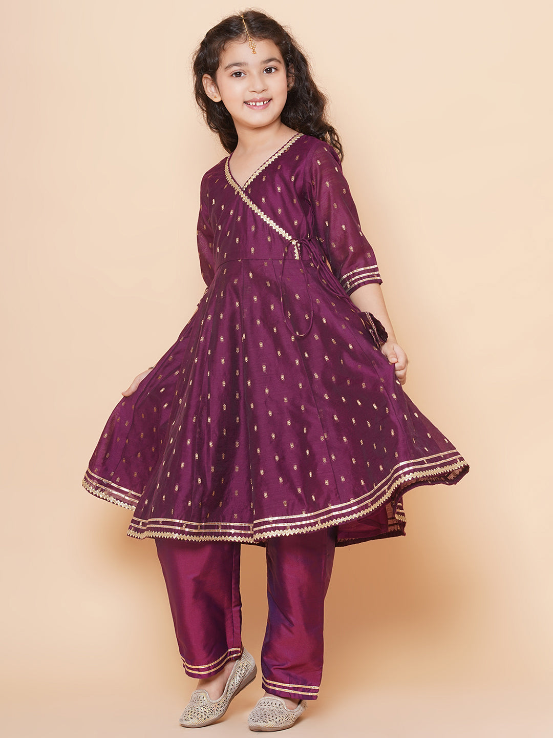 Girl Purple Anarkali Gotta Patti Kurta & Trousers set With Dupatta