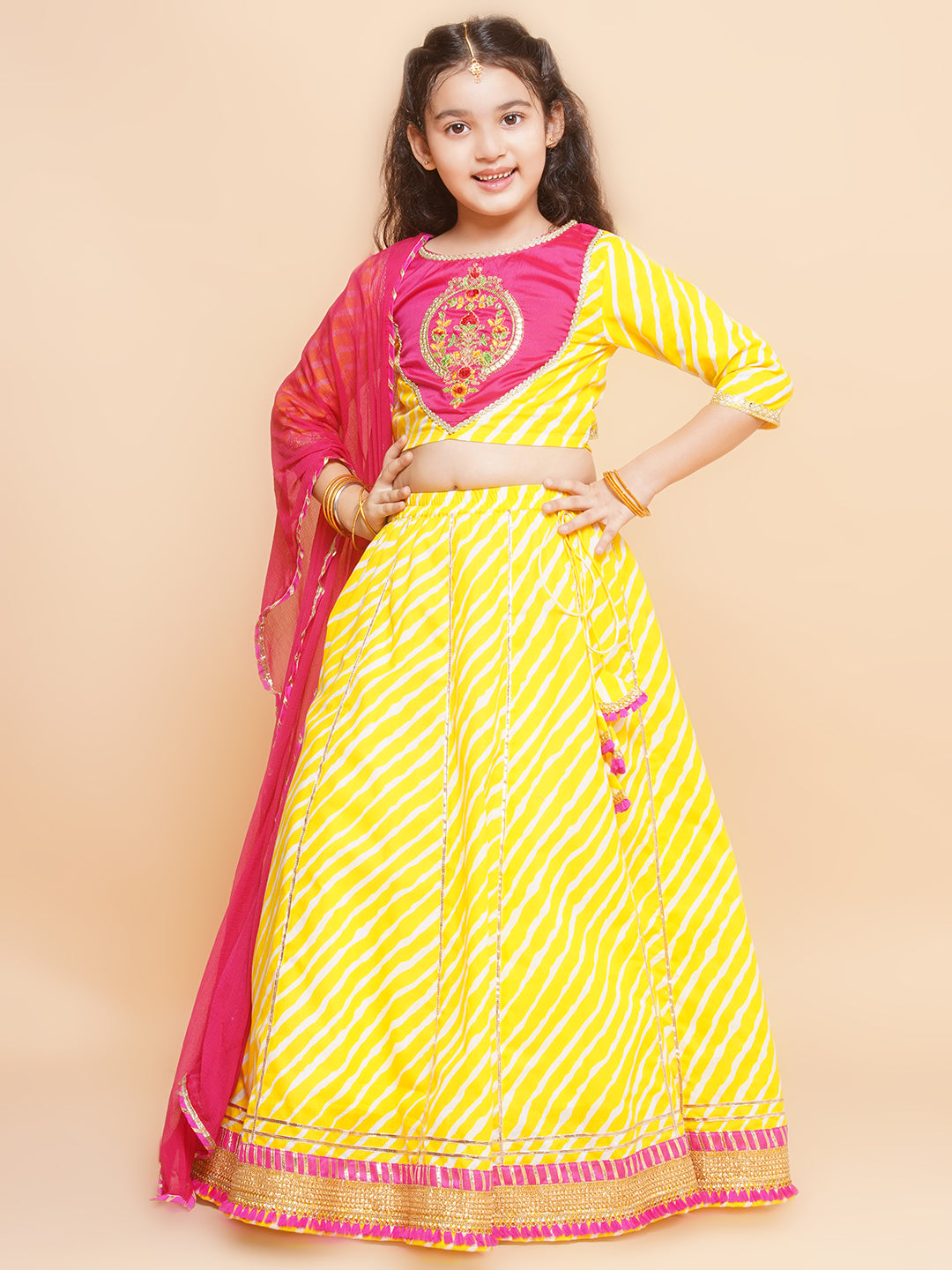 Girls Yellow Leheriya Printed Lehenga & Pink Embroidered Choli Dress with Dupatta