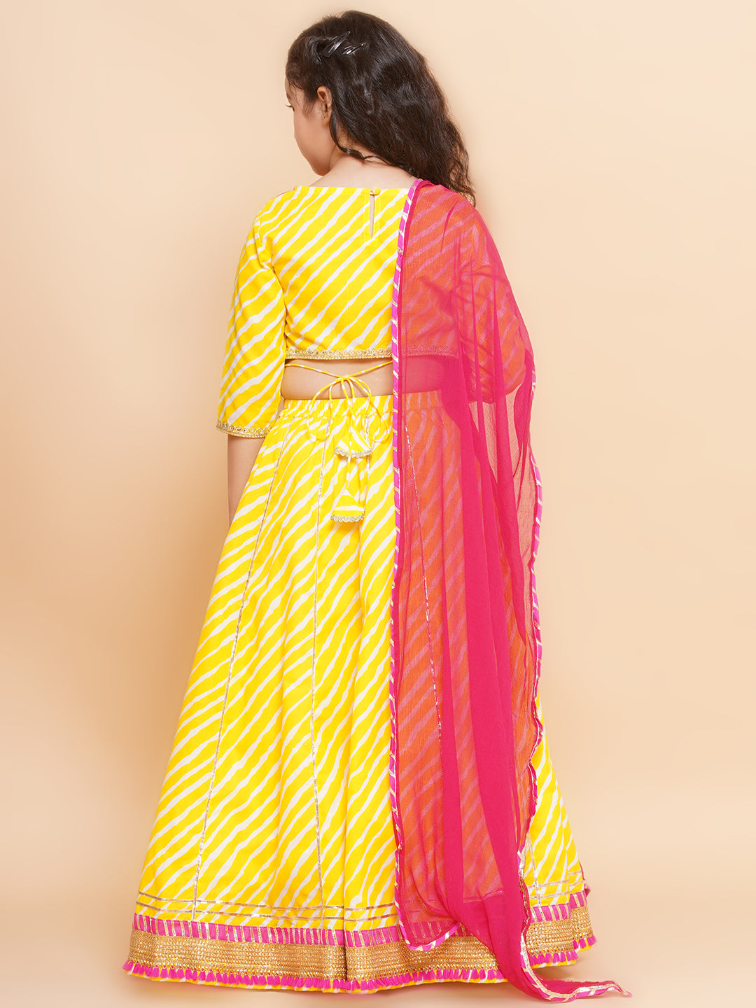 Girls Yellow Leheriya Printed Lehenga & Pink Embroidered Choli Dress with Dupatta