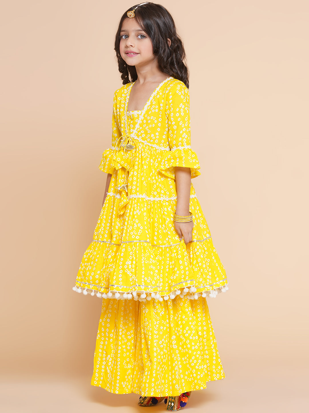 Girls Yellow Bandhani Printed Ethnic Gotta Patti Kurta With Sharara