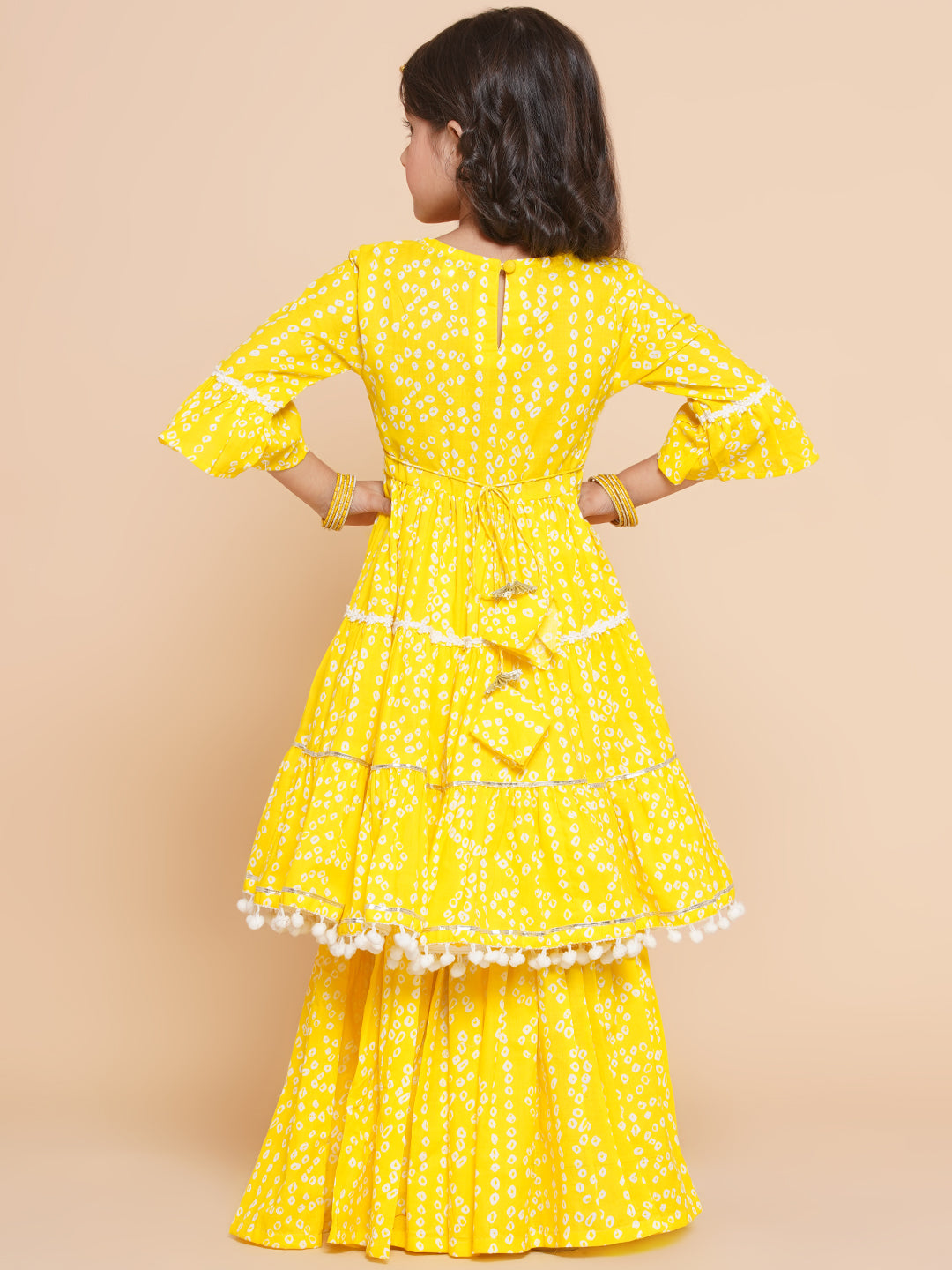 Girls Yellow Bandhani Printed Ethnic Gotta Patti Kurta With Sharara