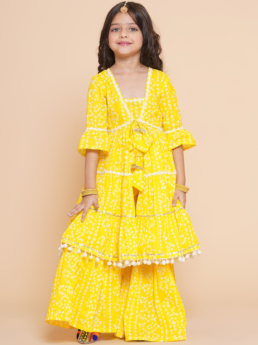 Girls Yellow Bandhani Printed Ethnic Gotta Patti Kurta With Sharara
