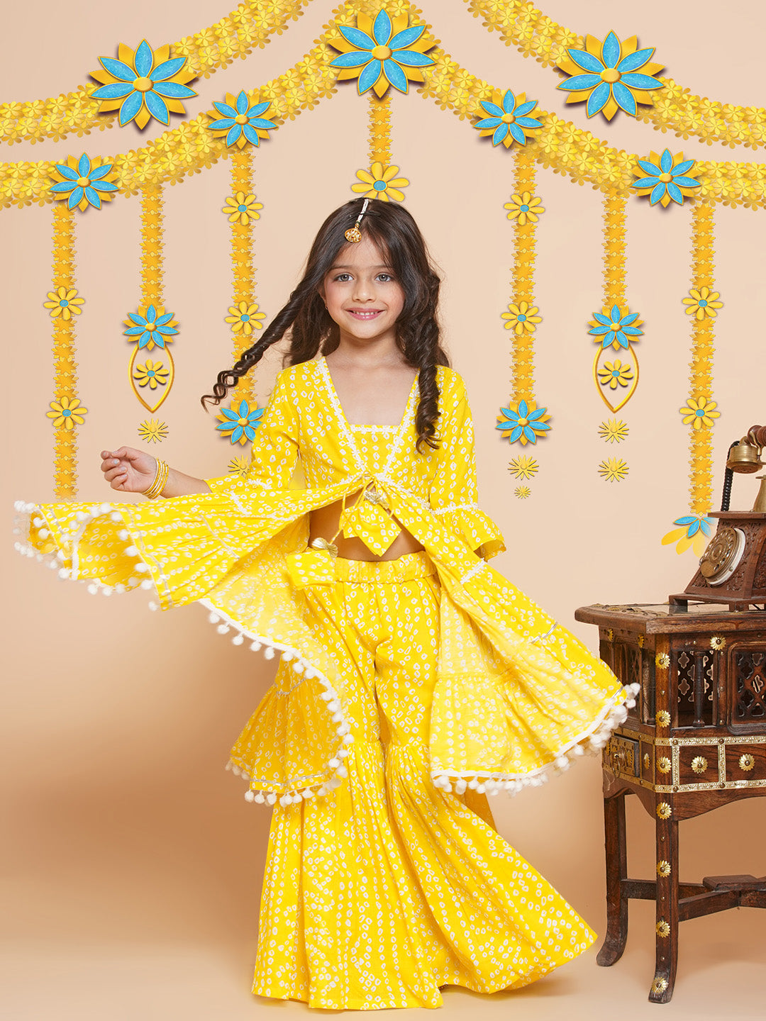 Girls Yellow Bandhani Printed Ethnic Gotta Patti Kurta With Sharara